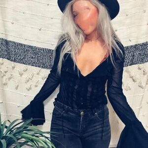 🖤Y2K Express Black Mesh Ruffle Top w/ Large Double Layer Lace Bell Sleeves